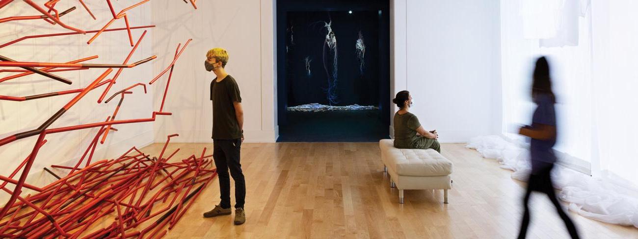 People in gallery looking at art. 